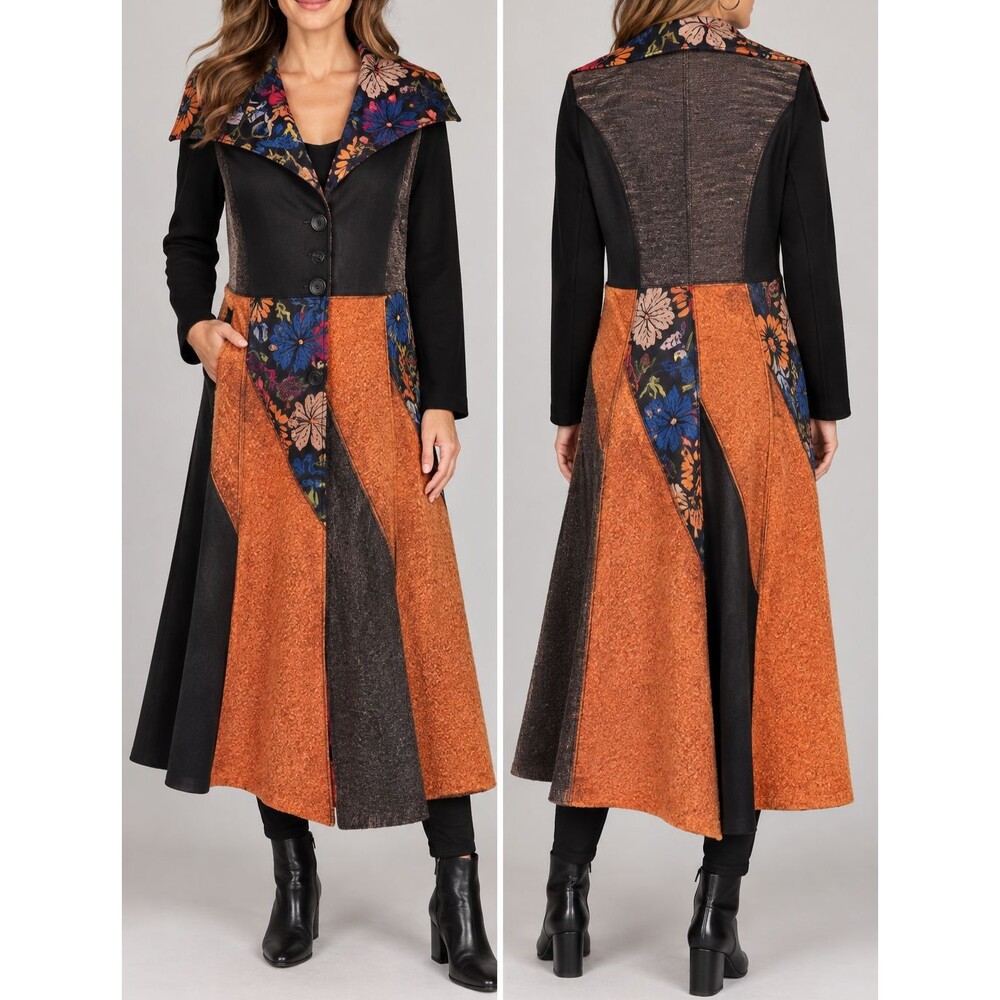 Fleur de Lis Patchwork Long Coat M Wearable Art Boho Lagenlook Floral Orange